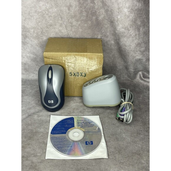 Vintage HP 9120RF Wireless Optical Mouse Grey With Install Disc, Routing Doc